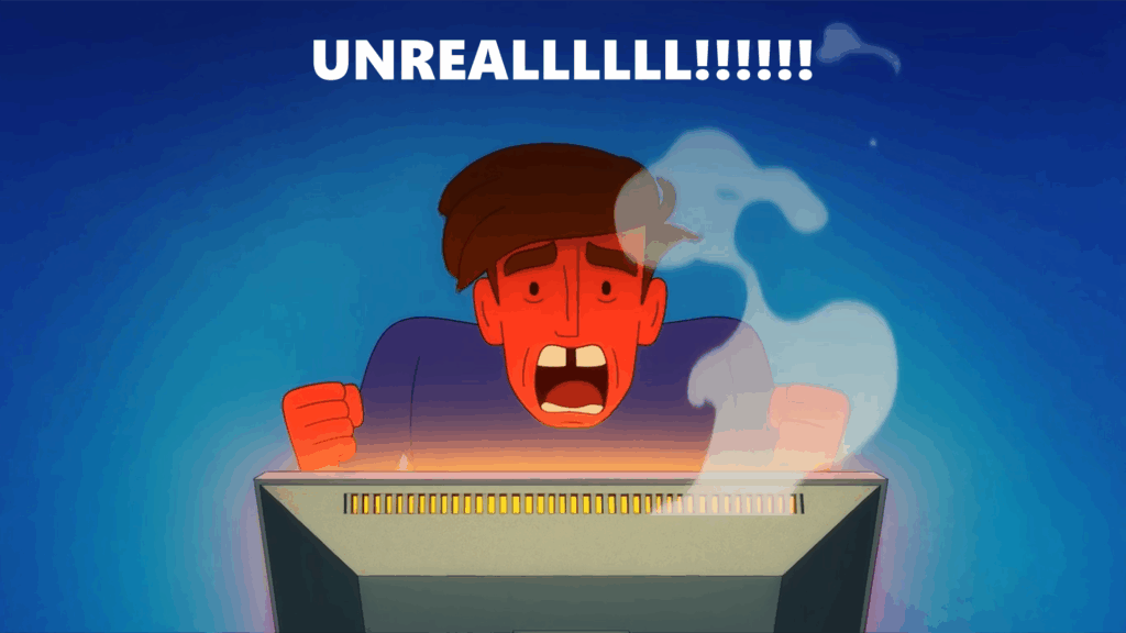 funny cartoon character yelling at an overheating desktop computer